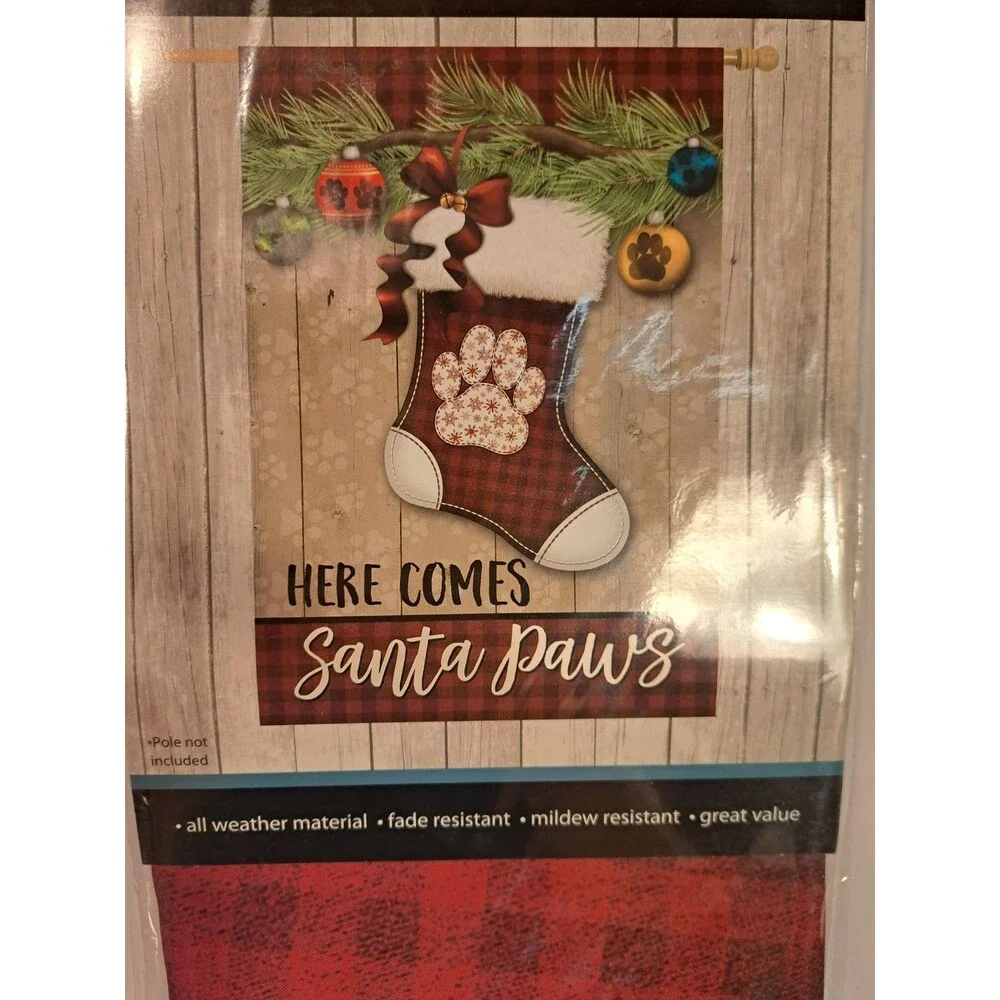 Christmas Garden Flag Lg Double Sided Here Comes Santa Paws 28 x 40 New Unopened